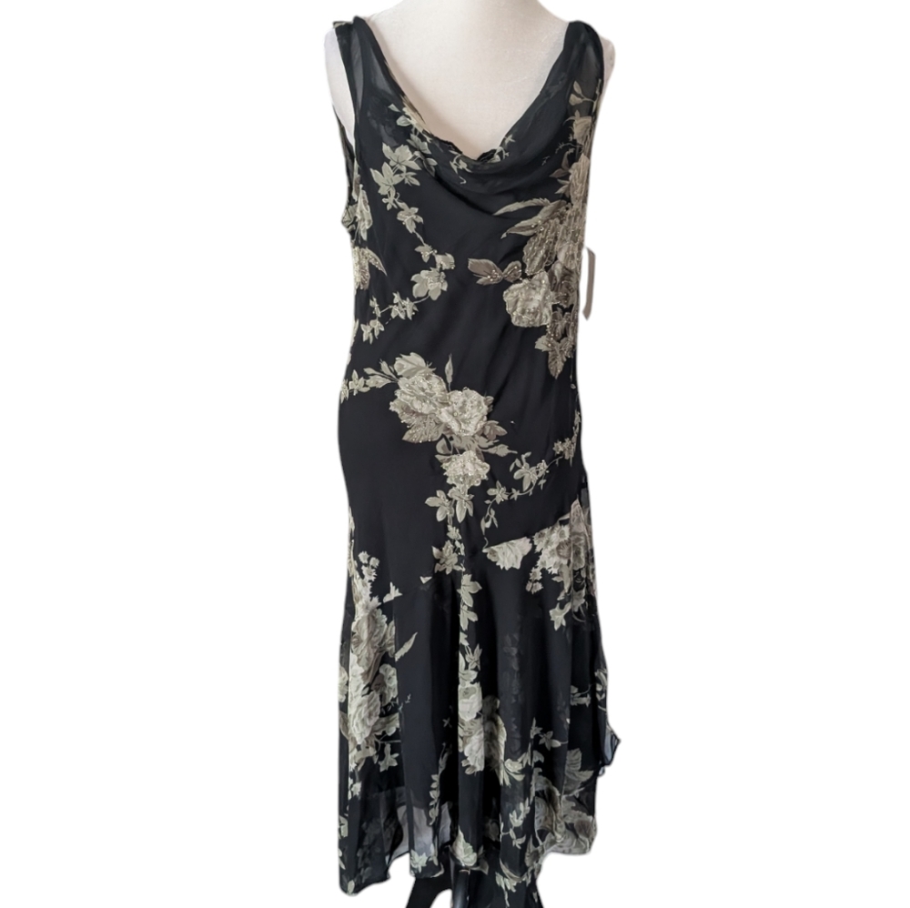 Vintage Connected Slip Dress XL Black Multi Beaded Cowl Sleeveless Floral Fairy